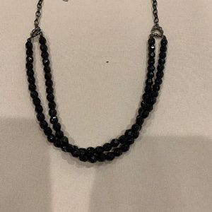 1928 Black Faceted Crystal Beaded Vintage Double Strand Necklace.  7” W